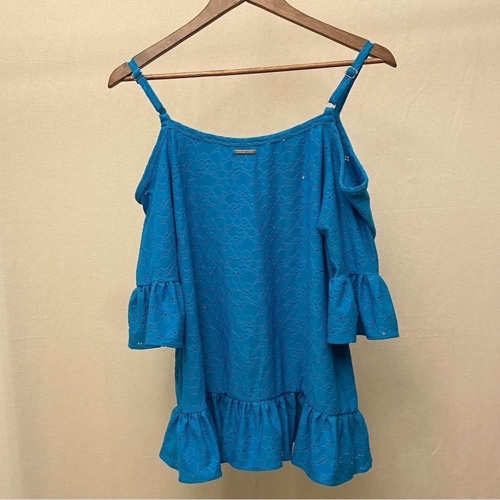 MICHAEL MICHAEL KORS Womens Blue Ruffled Elbow Sleeve Off Shoulder Top Sz Large - Picture 7 of 13